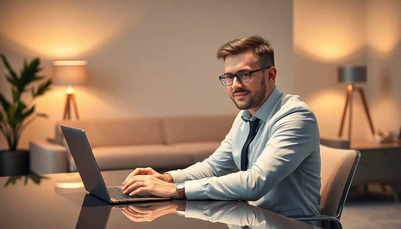 Headhunter IT-Berater konzentriert an einem Schreibtisch, umgeben von moderner Büroausstattung.