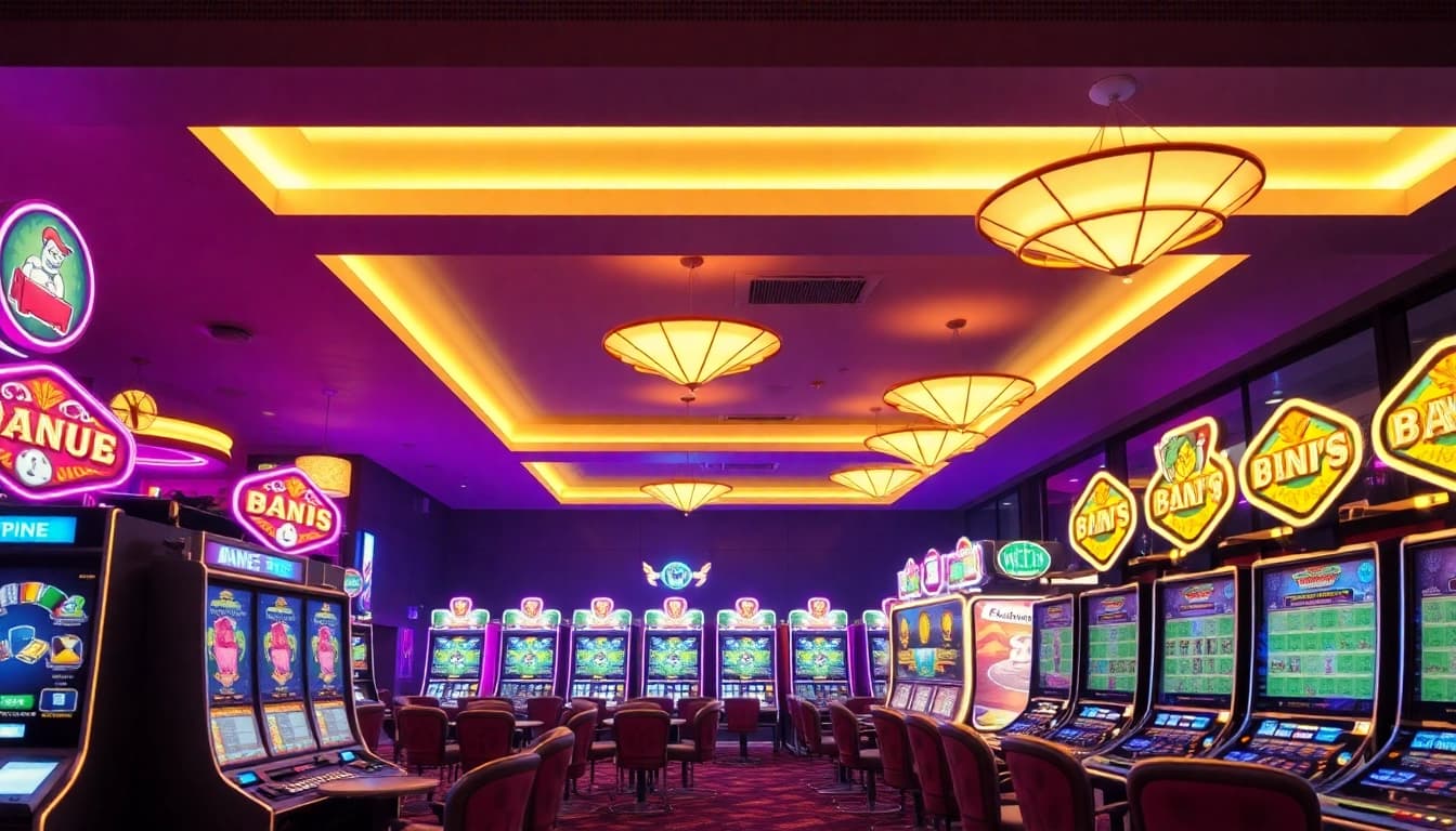 Spielen Sie im online casino ohne anmeldung in einer lebhaften Casino-Umgebung voller Spielautomaten und farbiger Lichter.