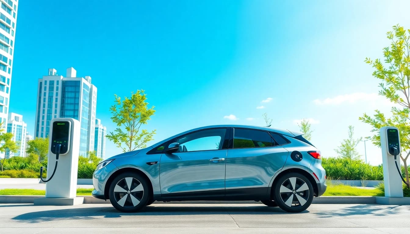 Energiegeladenes Elektroautos an einer modernen Ladestation in der Stadt.
