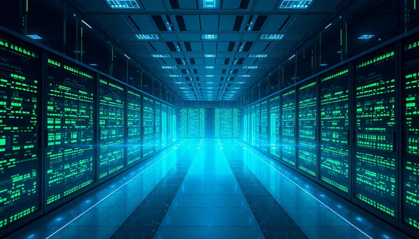 Windows Server 2025 deutsch Download: Futuristische Serverlandschaft mit leuchtenden Lichtern und einem professionellen Look.