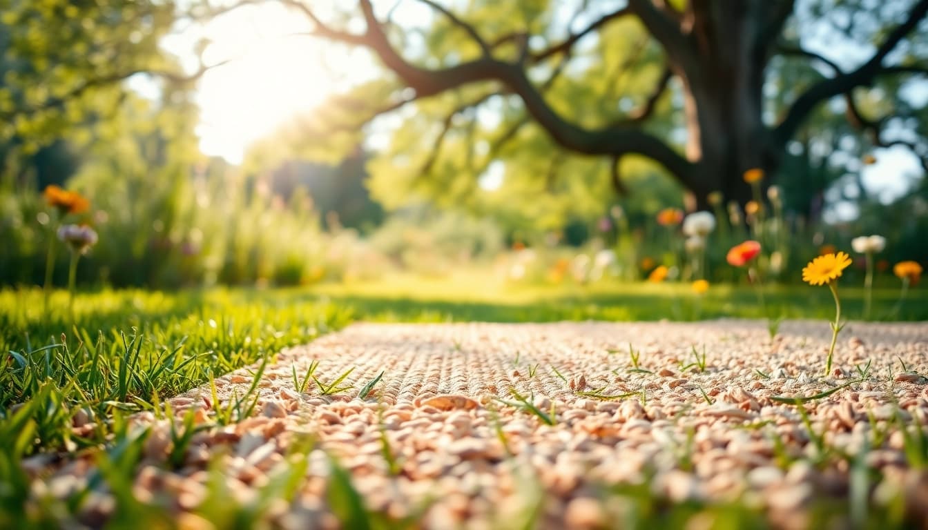 Hanfmatte in einem ruhigen Garten, umgeben von bunten Wildblumen.