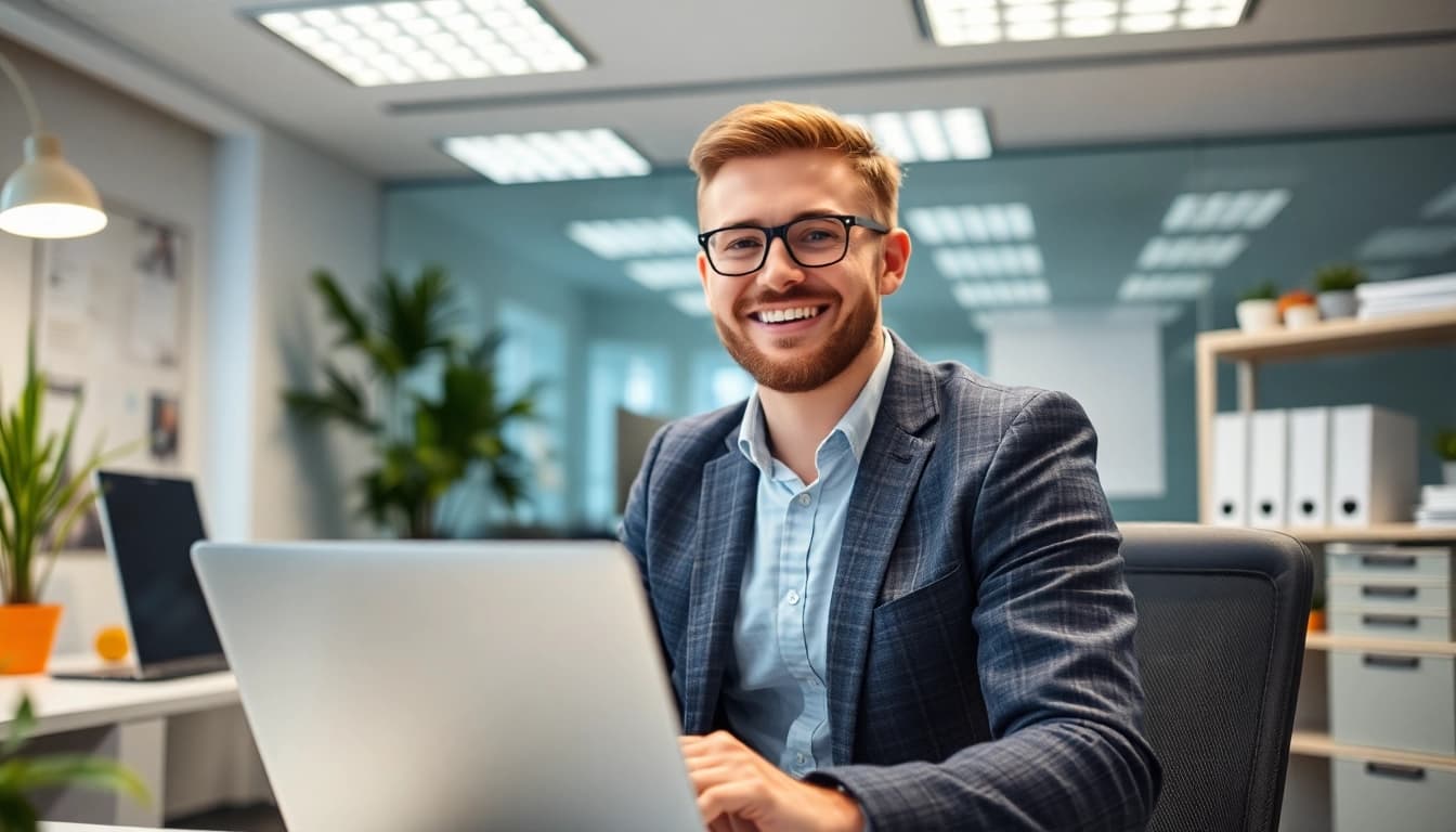 Gründer bei der Planung für pflegedienst gründen mit Unterlagen und Laptop im modernen Büro.