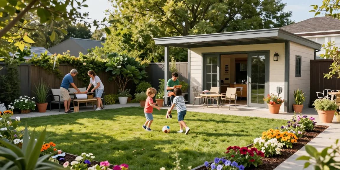 Familie im Garten mit einem Gartenhaus und Terrasse, entspannt in der Natur.