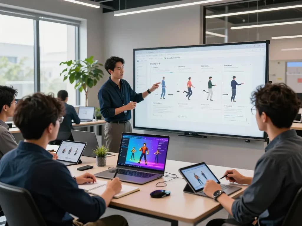 Kling 2.6 motion control software demo in a collaborative workspace showcasing animated character sequences and diverse developers engaged in discussion.