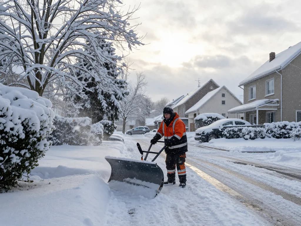 Winterdienst in Münster mit einem Schneeräumarbeiter, der während des Schneefalls eine Einfahrt räumt.