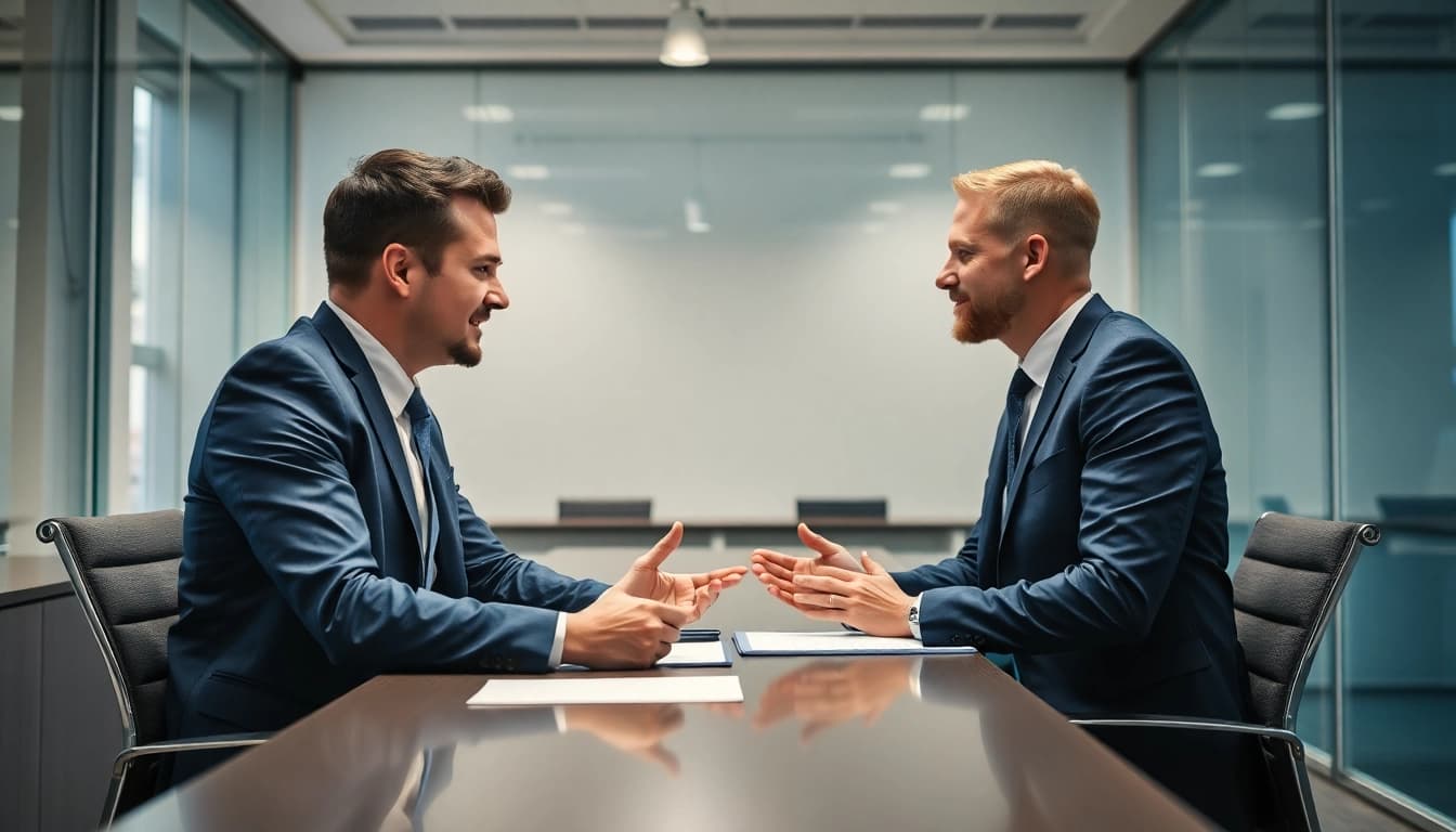 Headhunter im Business-Gespräch mit Kandidat, zeigt Professionalität und Vertrauen.
