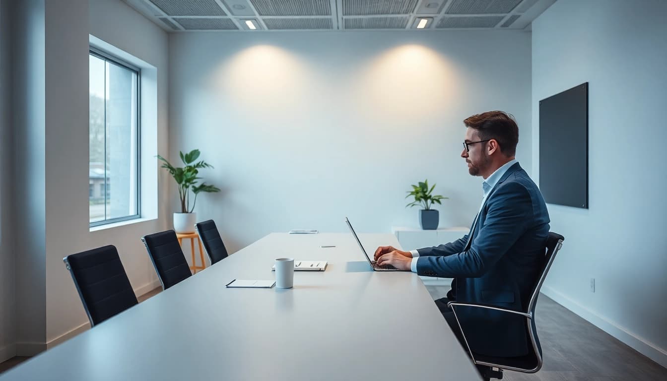 Unternehmensberatung im Büro: Ein Berater analysiert Daten an einem modernen Tisch.