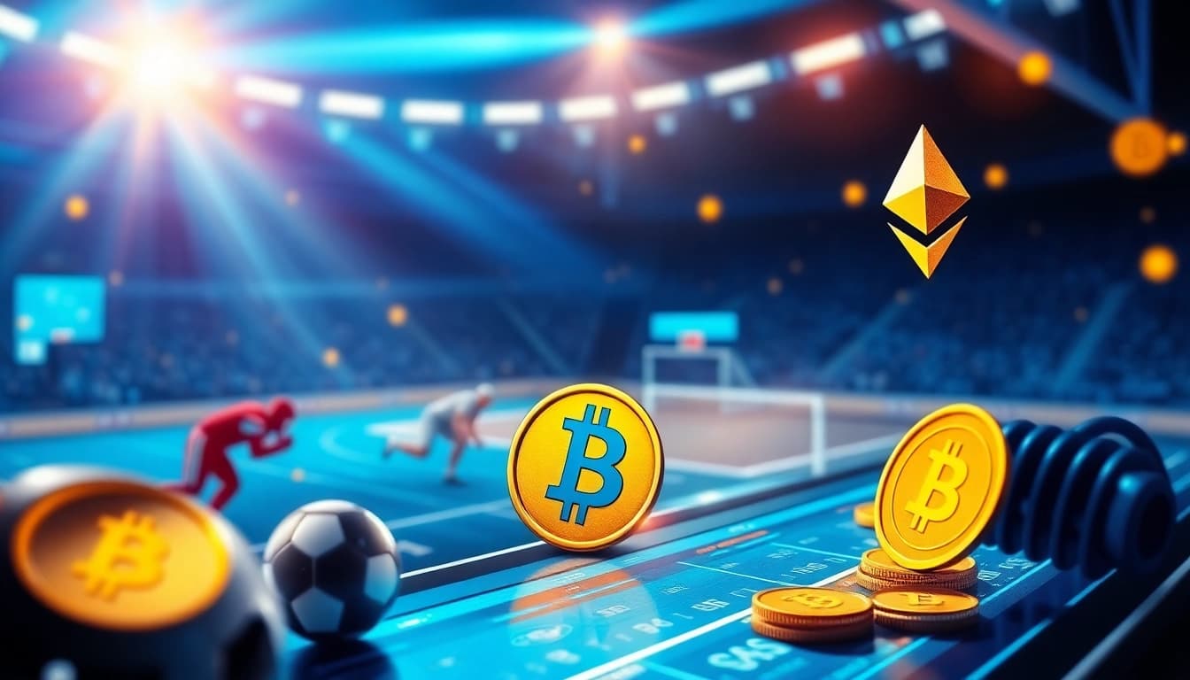 Engage in thrilling crypto sports betting with vibrant digital interfaces and top cryptocurrencies featured.