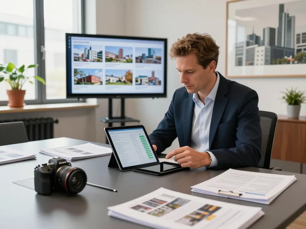 Immobilienmakler Frankfurt Ginnheim prüft lokale Immobilien-Daten in einem modernen Büro.
