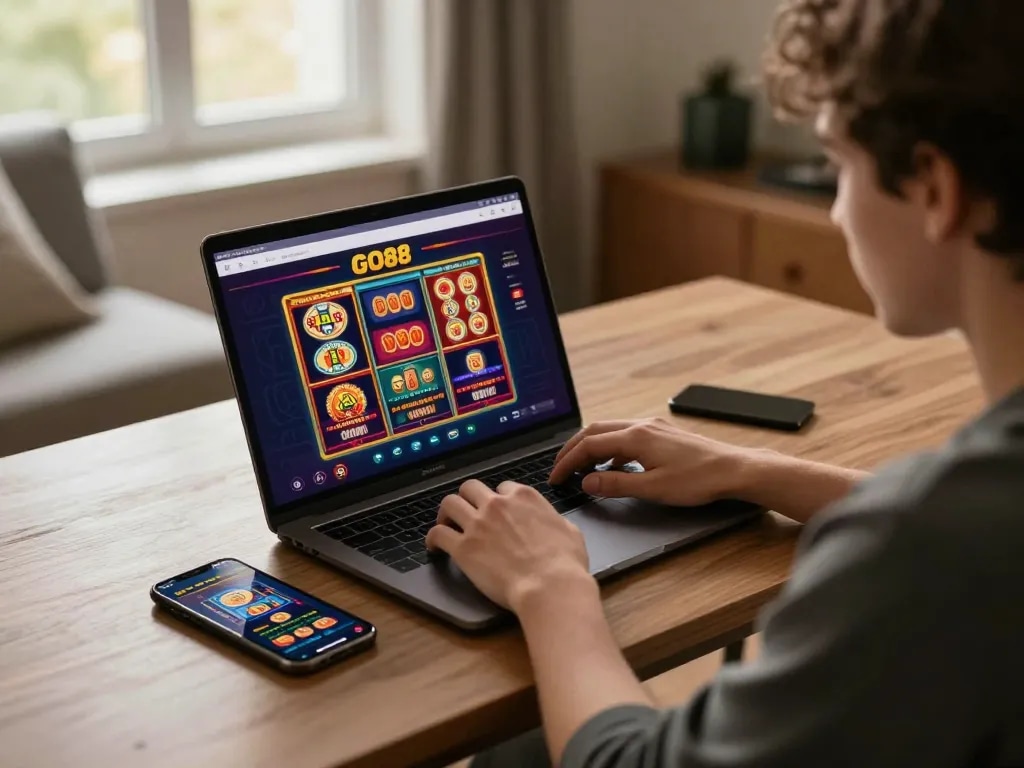 Player engaging with the GO88 app on a laptop, showcasing the excitement of online gambling.