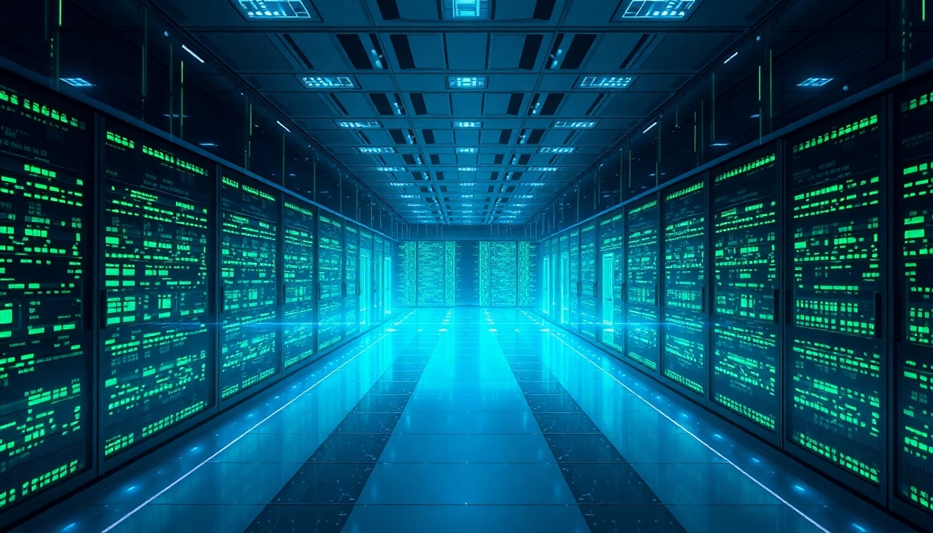 Windows Server 2025 deutsch Download: Futuristische Serverlandschaft mit leuchtenden Lichtern und einem professionellen Look.