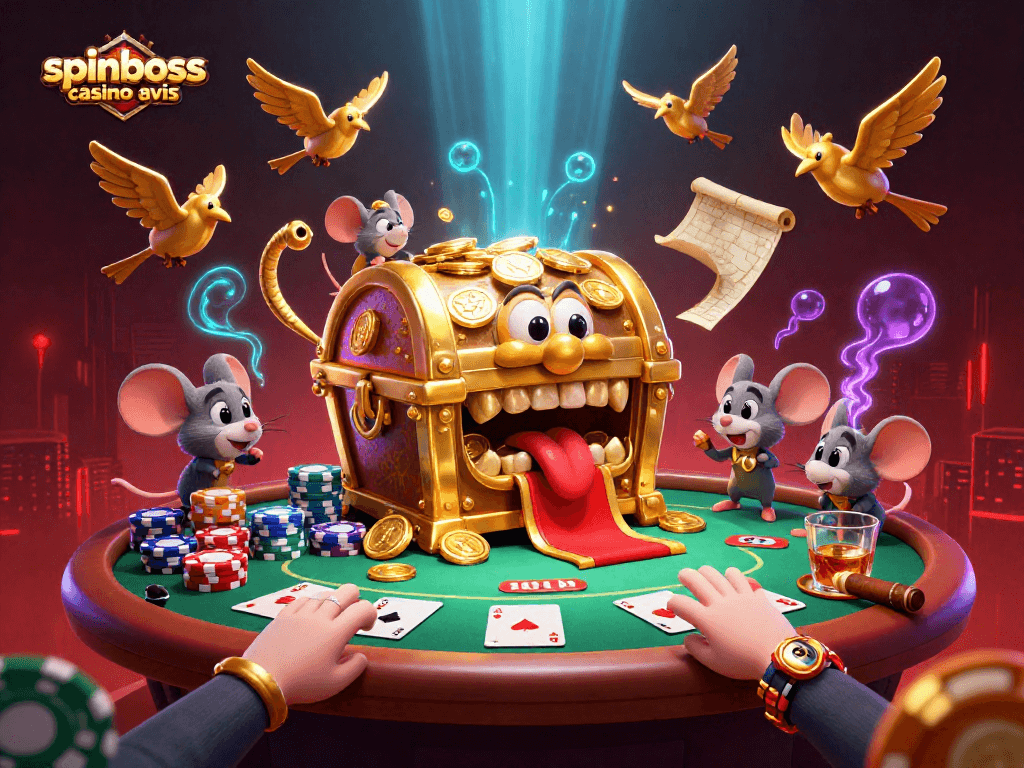 Découvrez spinboss casino avis avec une scène captivante de joueurs au poker autour d'un trésor doré.