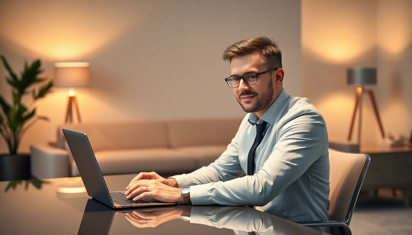 Headhunter IT-Berater konzentriert an einem Schreibtisch, umgeben von moderner Büroausstattung.