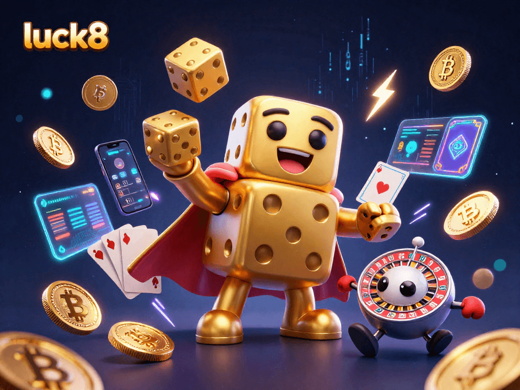 Experience luck8 in a vibrant casino scene featuring golden dice, slot reels, and crypto elements.