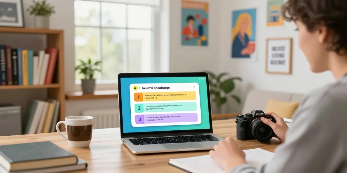 Teilnehmer an einem Quiz Allgemeinwissen auf Laptop in gemütlichem Home-Office mit Büchern und inspirierenden Postern.