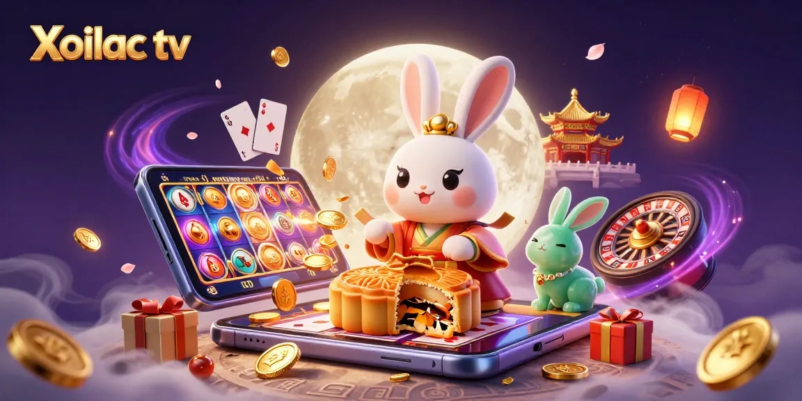 Xoilac tv showcases a dynamic scene with a moon rabbit highlighting poker chips and vibrant casino elements amidst a magical lunar setting.