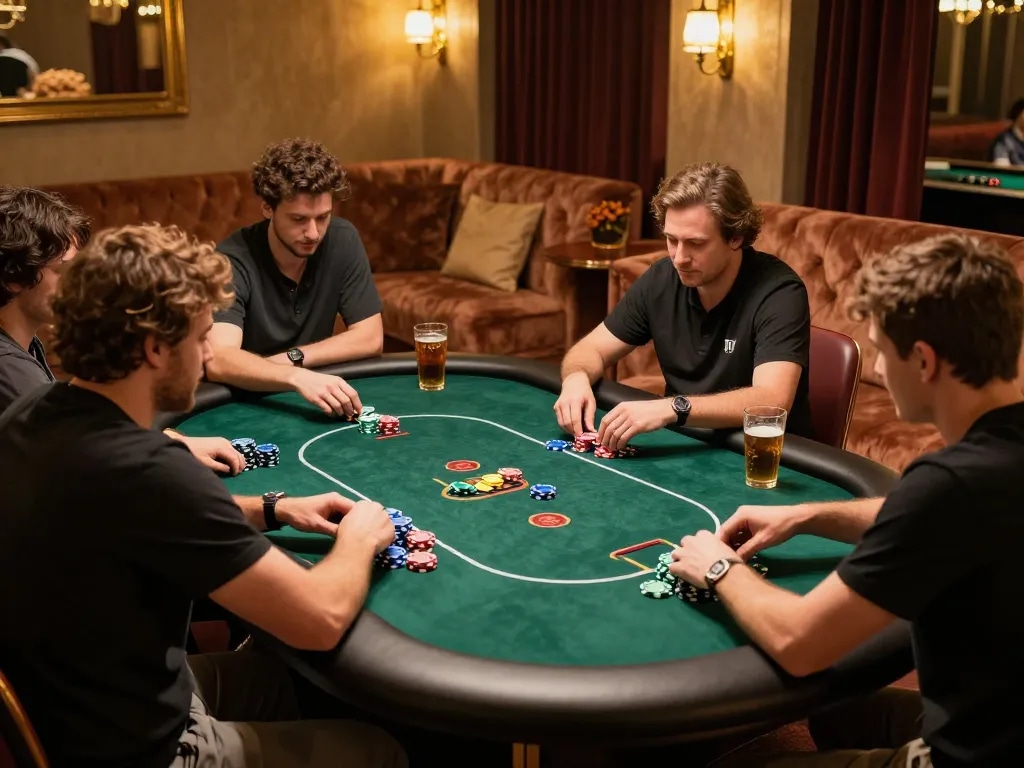 Engaging in Plagiat Scan strategies during a cozy home poker night with friends.