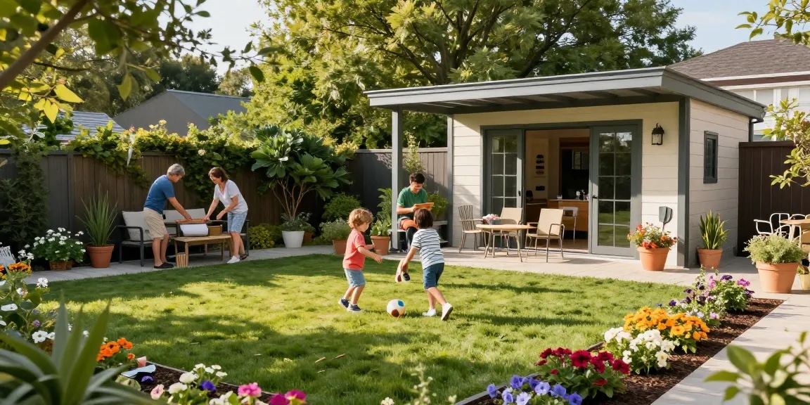 Familie im Garten mit einem Gartenhaus und Terrasse, entspannt in der Natur.