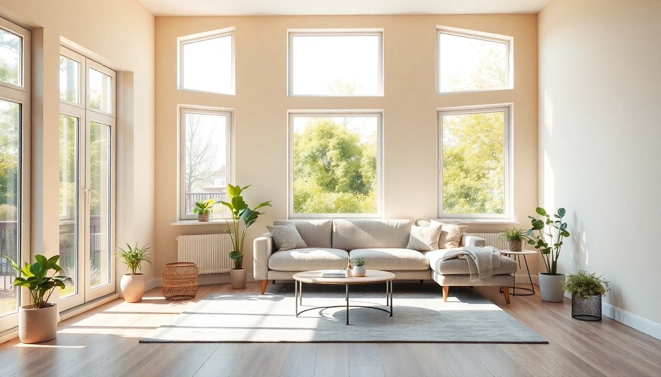 Raumgestaltung mit einem hellen, modernen Wohnzimmer, das einladend aussieht und Pflanzen sowie ein gemütliches Sofa enthält.