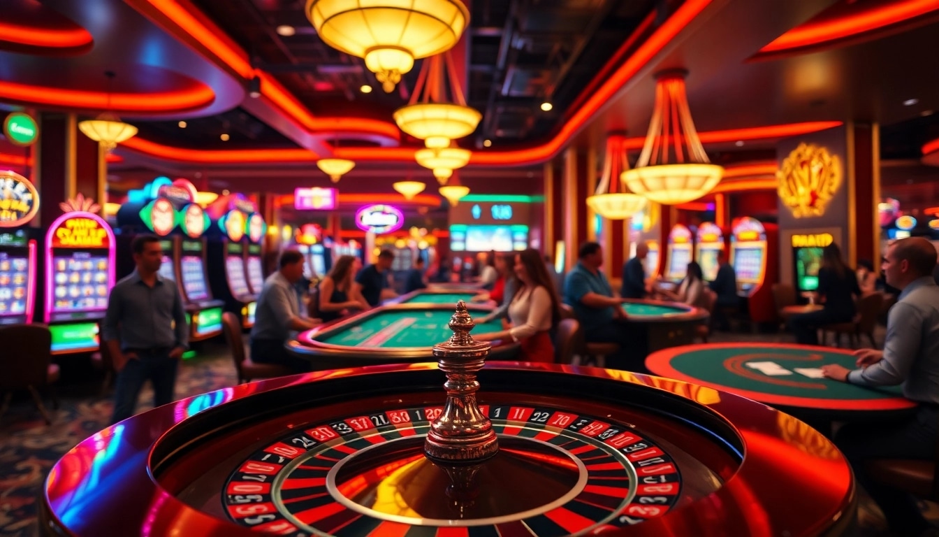 Erlebe die Spannung im Casino, während Spieler an Tischen von casinospielen.de stehen.
