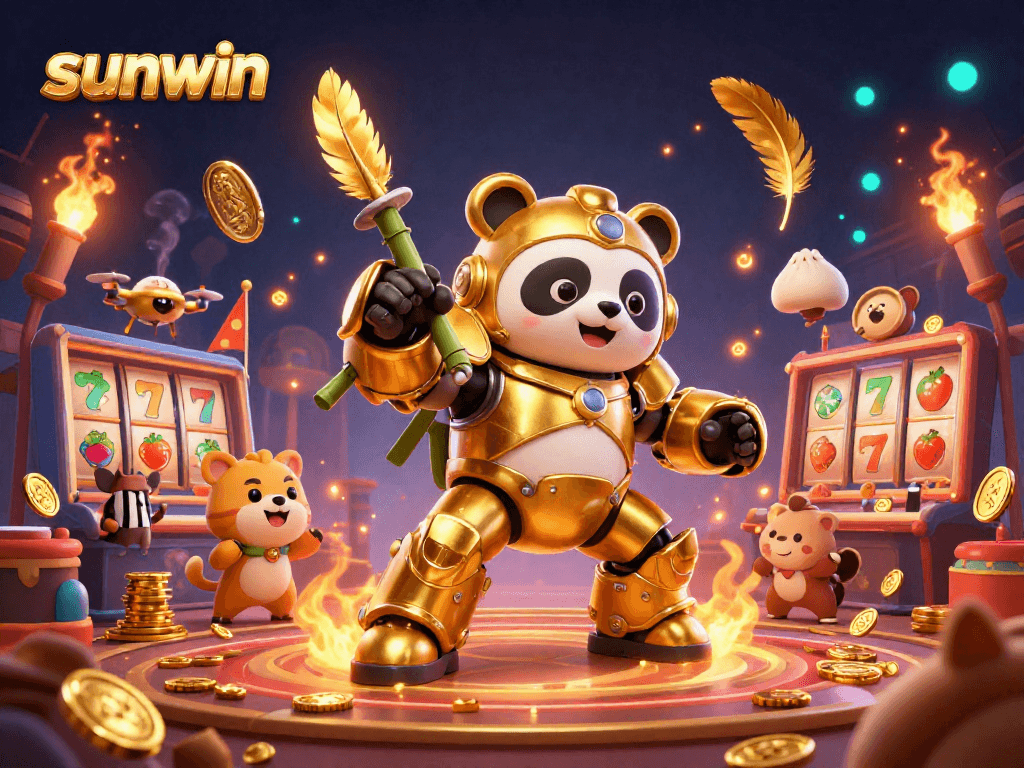 Experience the thrill of sunwin with a vibrant casino illustration filled with characters and dynamic slot elements.