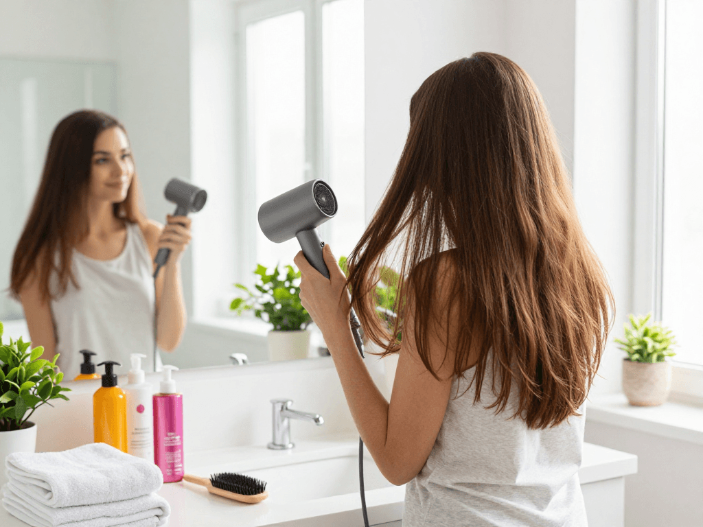 Using a mini blow dryer in a bright bathroom surrounded by hair care products.