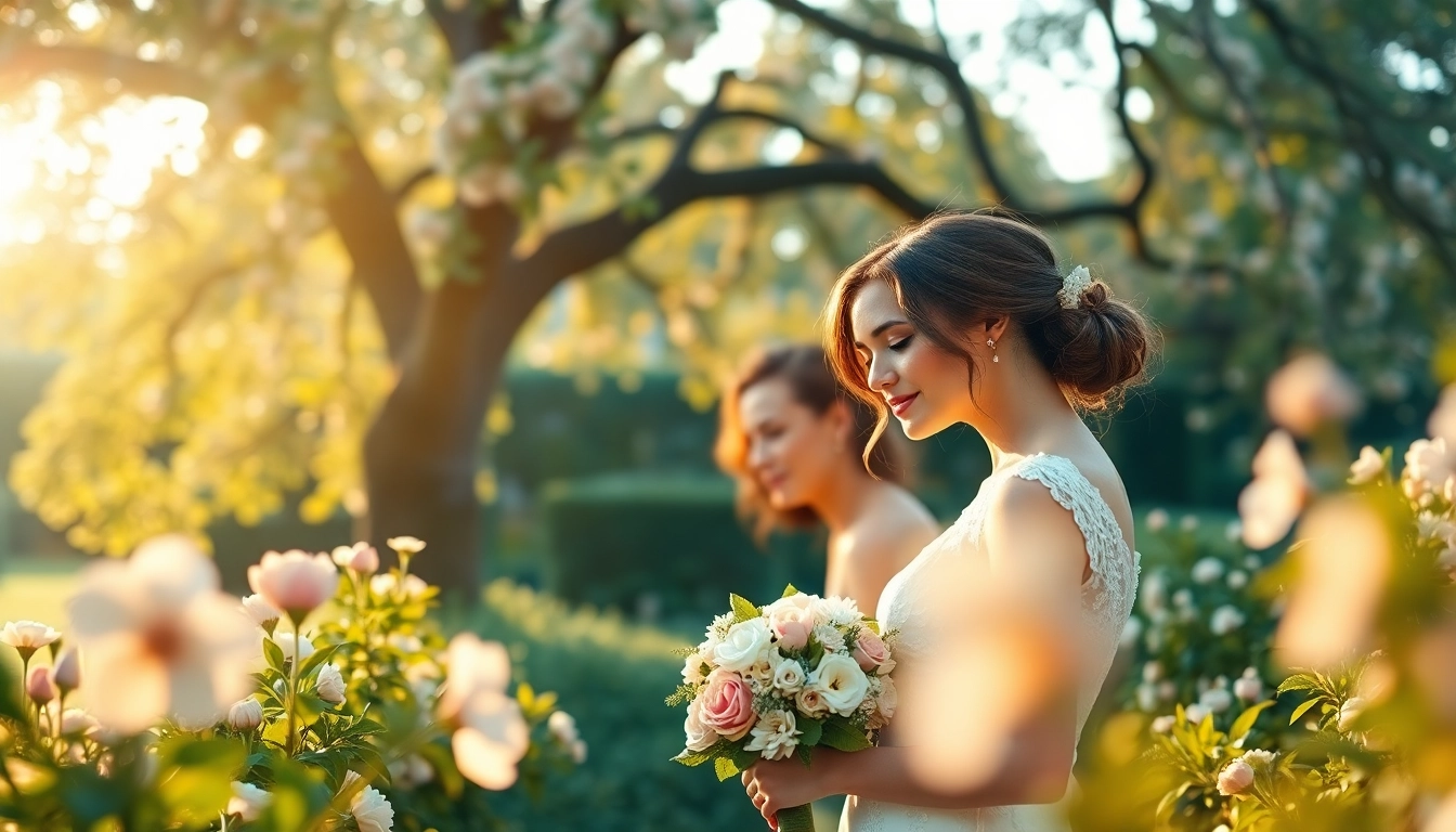Hochzeitsfotograf München fängt ein romantisches Paar in einem blühenden Garten ein.