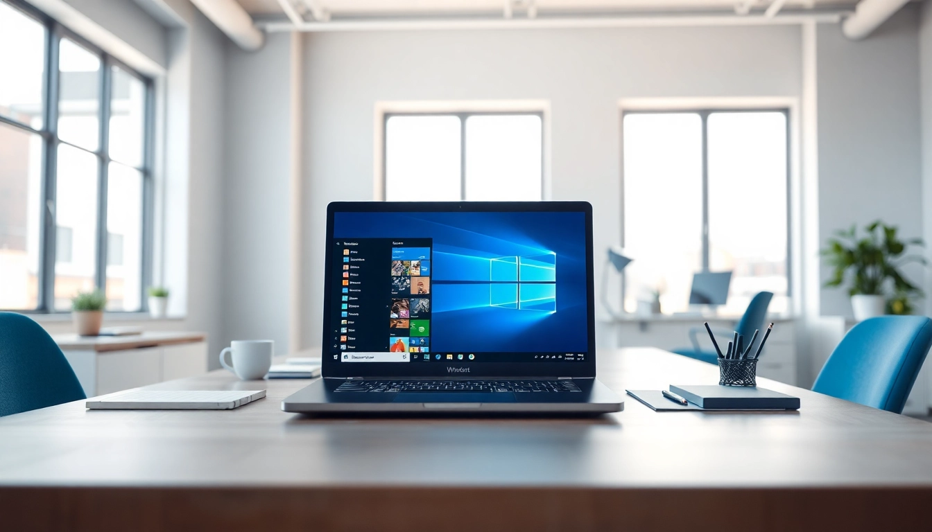 Windows 11 Pro für professionelle Nutzung kaufen auf einem modernen Laptop bei einem stilvollen Arbeitssetup.