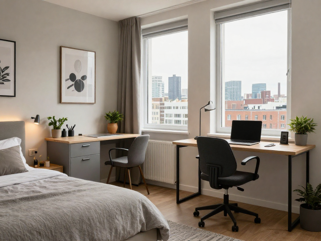 Komfortables Monteurzimmer Hannover mit modernem Arbeitsplatz und Stadtblick, ideal für Geschäftsreisende.
