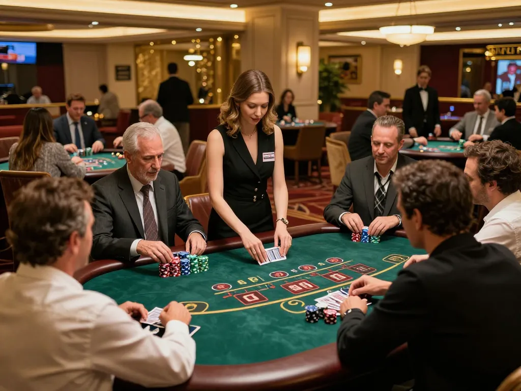 F168 players strategizing in an upscale casino during an intense blackjack game.