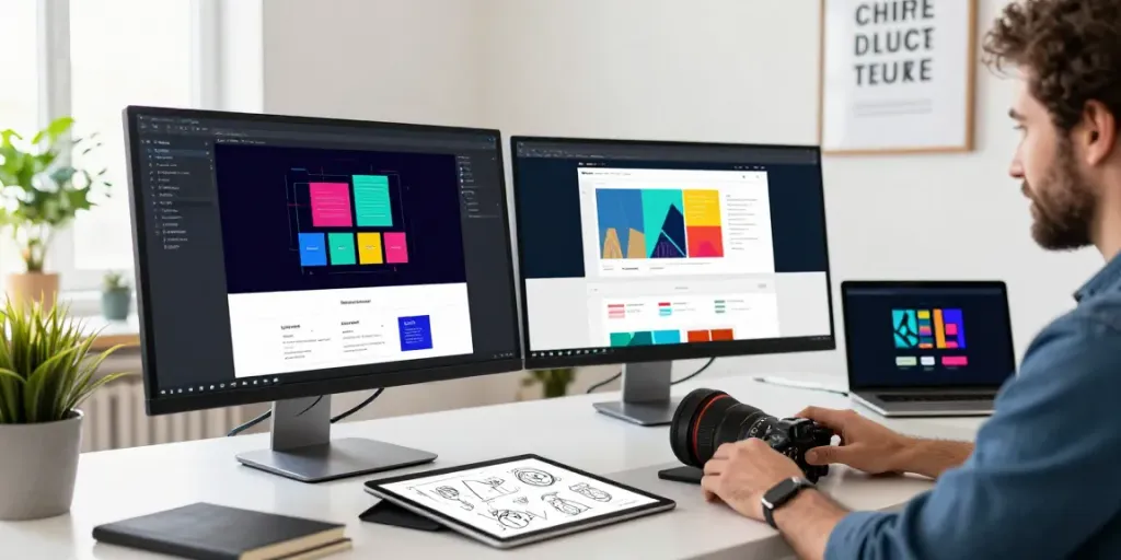 Webdesign Saarland: Kreative Webdesign-Umgebung mit Designer am Arbeitsplatz.