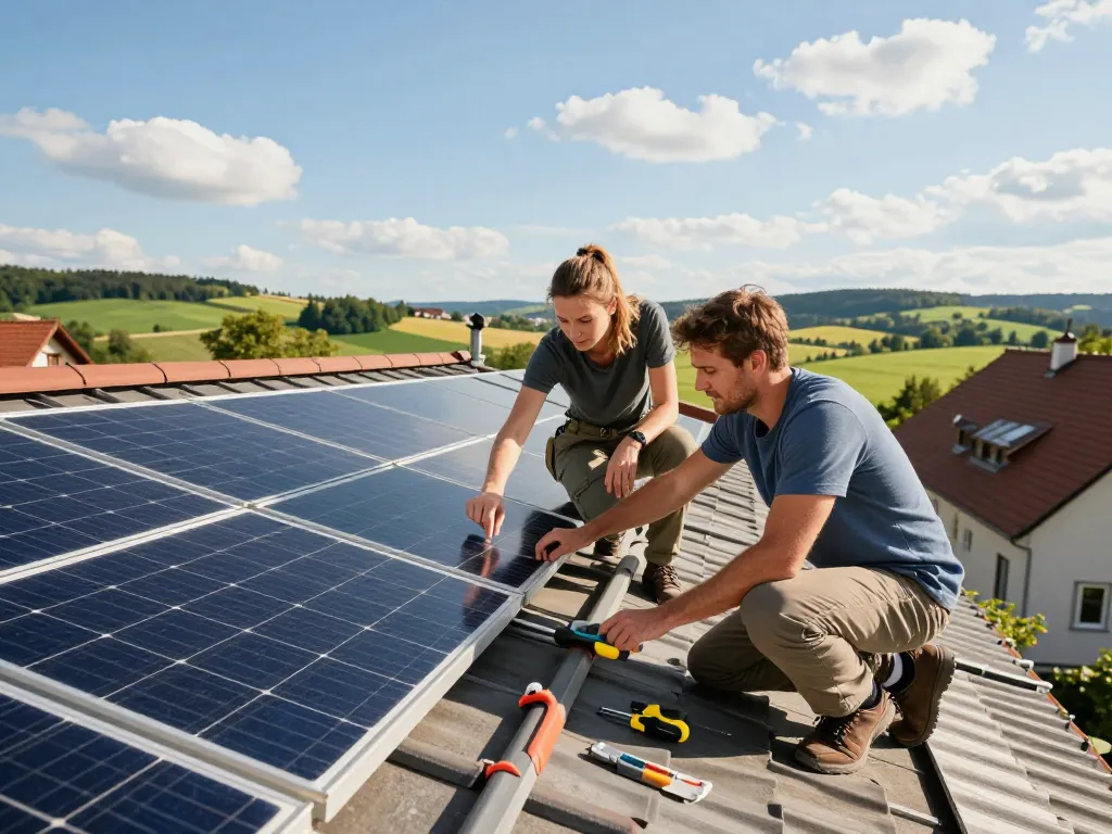 Photovoltaik Bayern Installation auf dem Dach eines bayerischen Hauses mit einem Paar, das Energie spart.