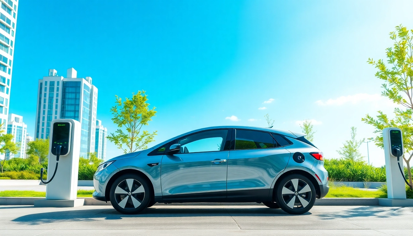Energiegeladenes Elektroautos an einer modernen Ladestation in der Stadt.
