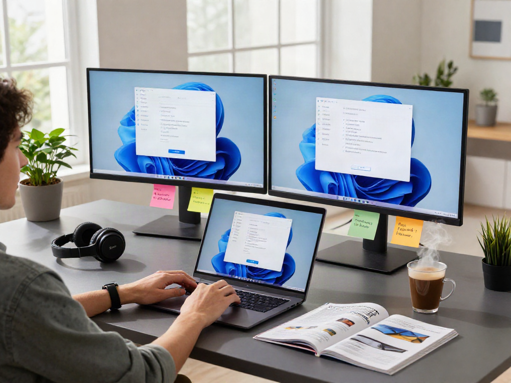 Arbeitsplatzszene mit Windows 11 Home Upgrade, Modernisierung des Betriebssystems mit Laptop und Monitoren