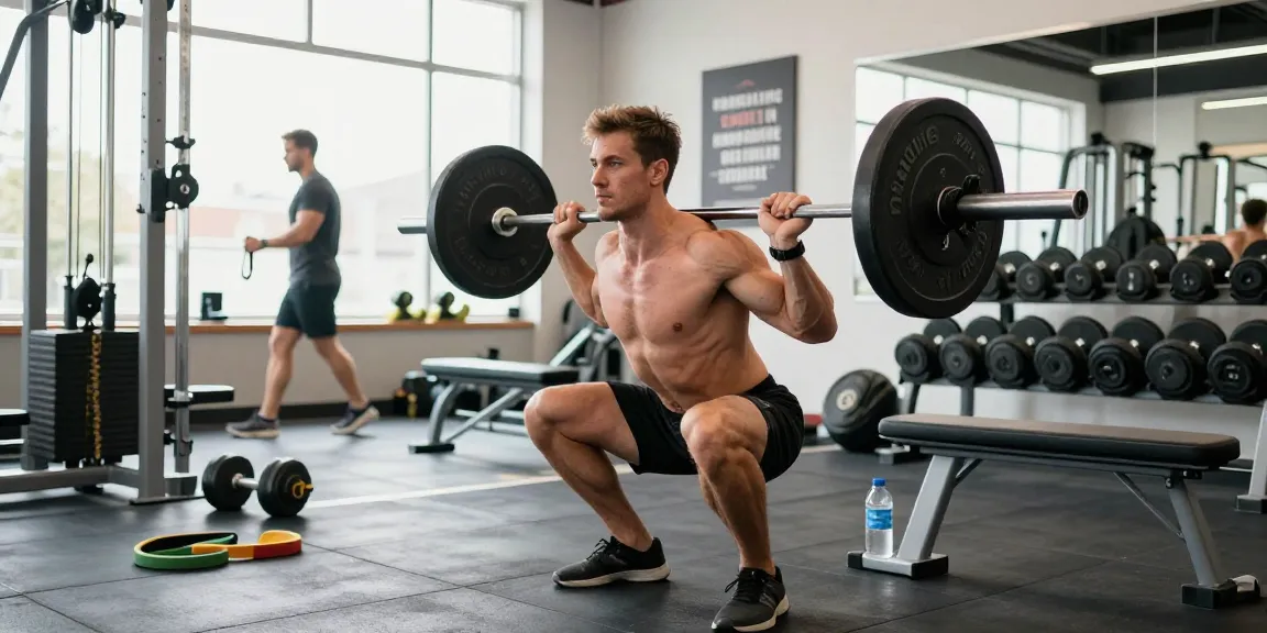 Anabolika Shop bodybuilder performing squats in modern gym with bright lighting and motivating atmosphere.