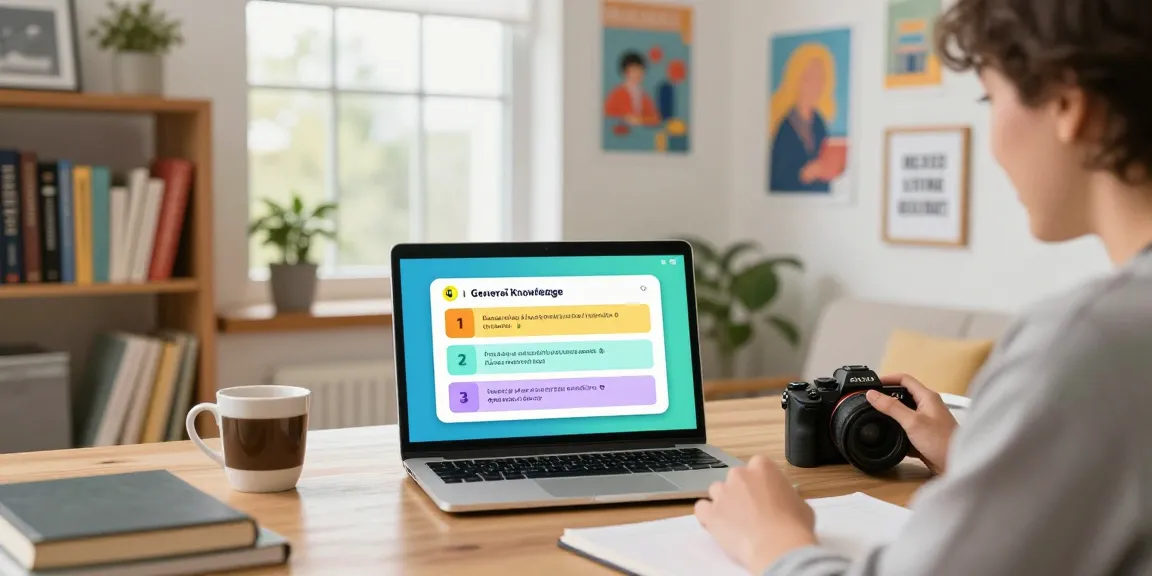 Teilnehmer an einem Quiz Allgemeinwissen auf Laptop in gemütlichem Home-Office mit Büchern und inspirierenden Postern.