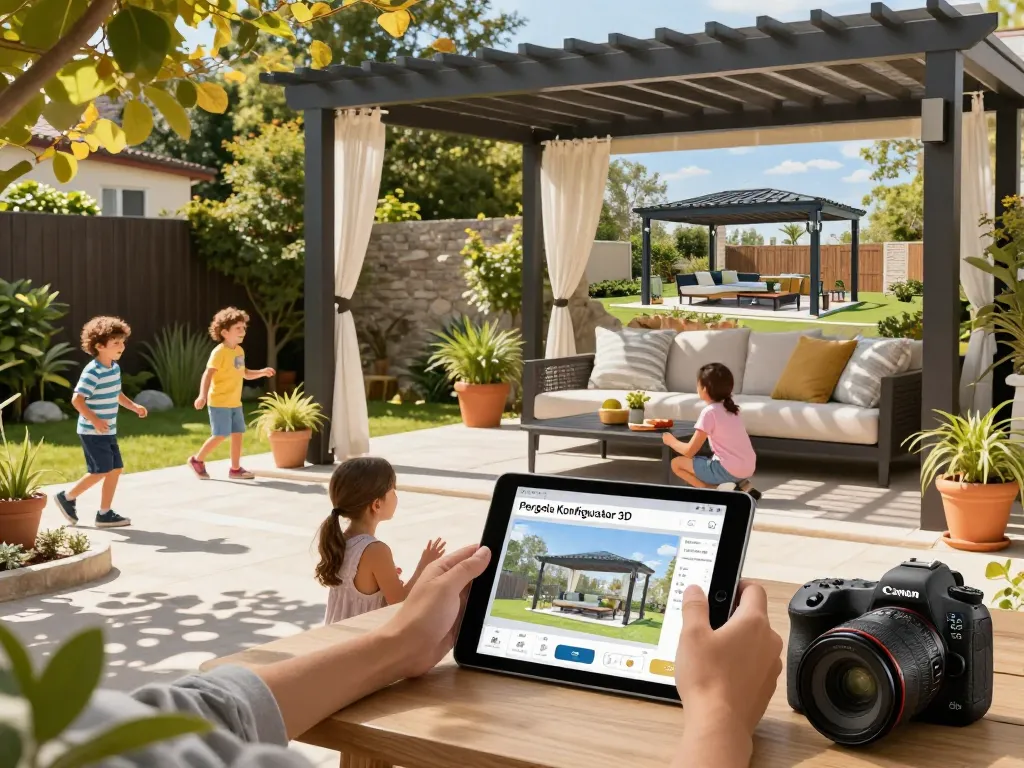 Familie konfiguriert ihre Traum-Pergola-Konfigurator 3D in einem sonnigen Garten.