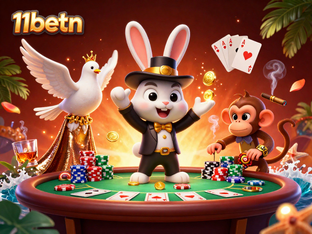Experience winning moments with 11betn in an exciting casino scene filled with vibrant characters and poker action.