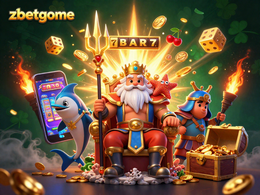 Experience thrilling gameplay with zbetgame as the sea king Neptune presides over a vibrant casino scene.