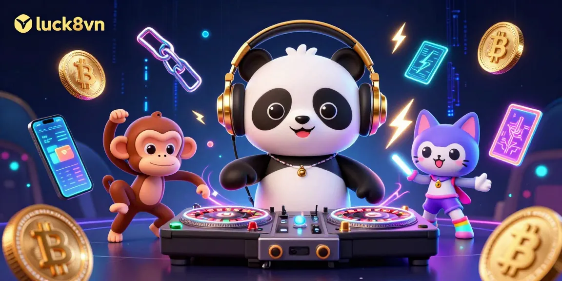 Experience the excitement of luck8vn with a DJ panda and vibrant characters in a digital casino scene.