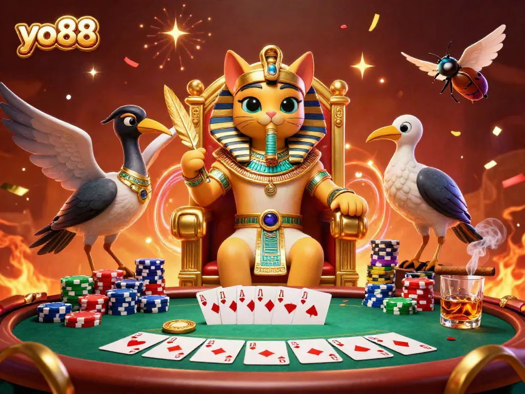 Experience thrilling gameplay with yo88 as the Egyptian pharaoh cat and epic casino elements blend in dynamic action.