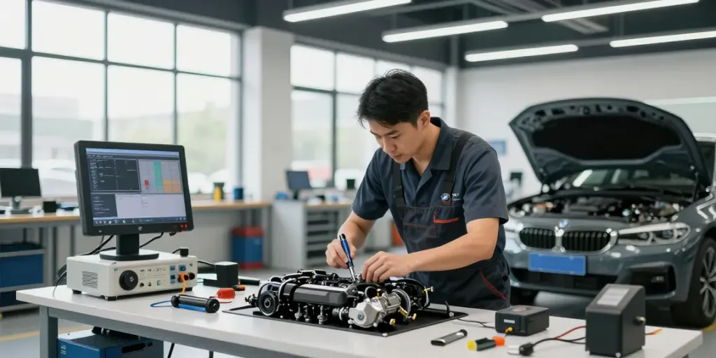 BMW Werkstatt Hannover mit Techniker, der ein Fahrzeug inspiziert und hochwertige Ersatzteile nutzt.