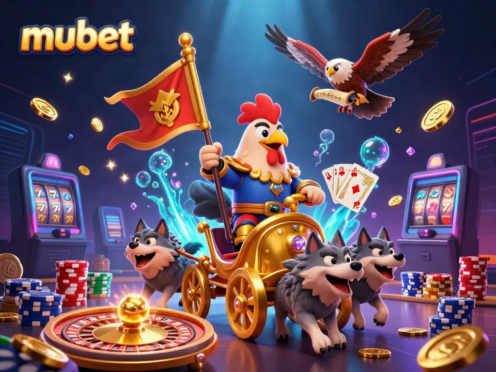 Experience jubilation at Mubet with a thrilling illustration of a rooster warlord in a casino setting, spiraling golden coins, and vibrant poker elements.