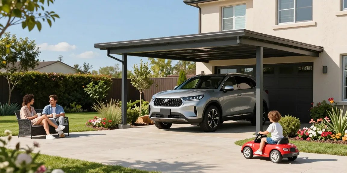 Carport in einem modernen Design, SUV geparkt, Familie in entspannter Atmosphäre im Garten.