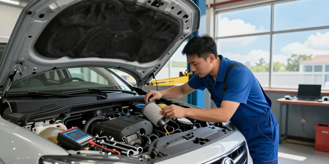 Mechaniker beim DPF reinigen in einer professionellen Autowerkstatt.