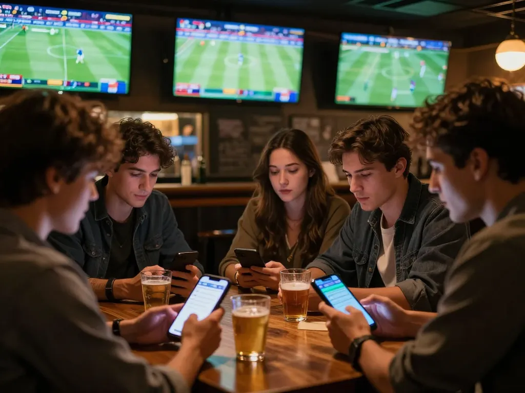 Engaging sports betting experience at a bar using mobile apps and watching matches, highlighting tin soi kèo strategies.