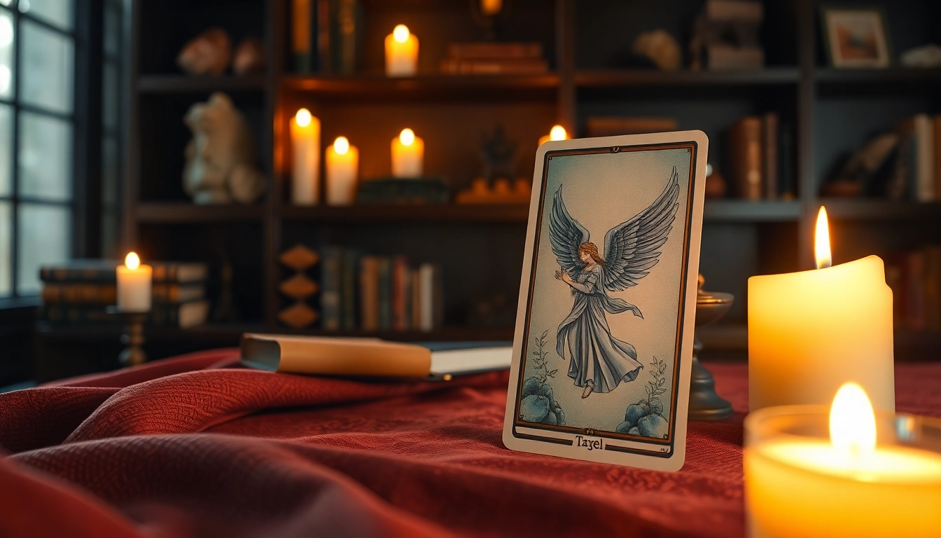 Engel Tarot Karte kostenlos ziehen im mystischen Leseumfeld mit sanfter Beleuchtung