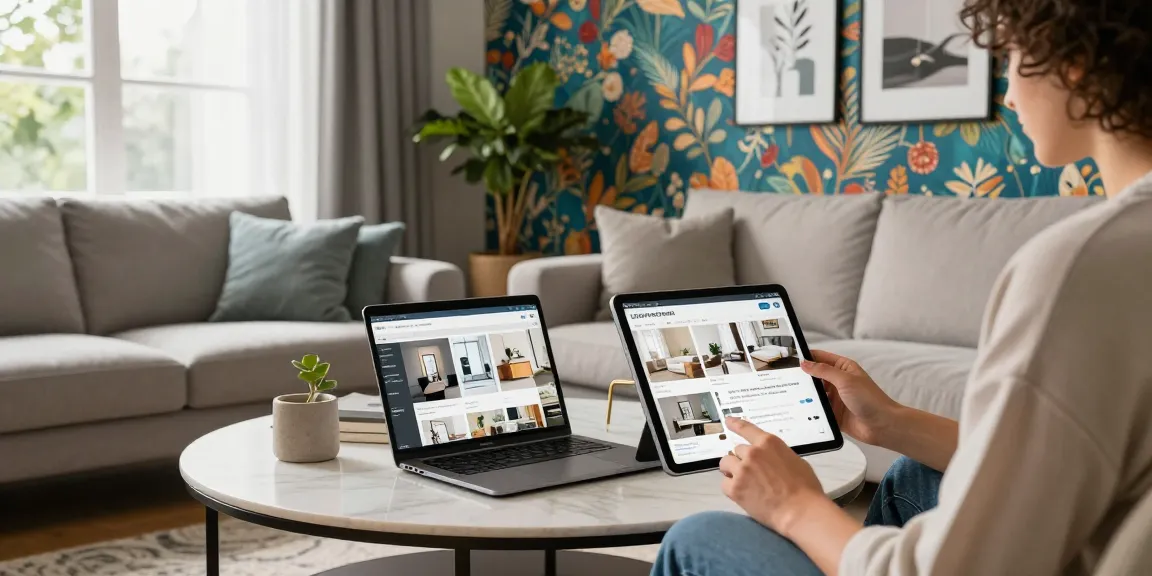 Gemütliche Wohnzimmer-Szene mit einer Person, die günstige möbel online kauft, und stilvollen Möbeln und Dekor präsentiert.
