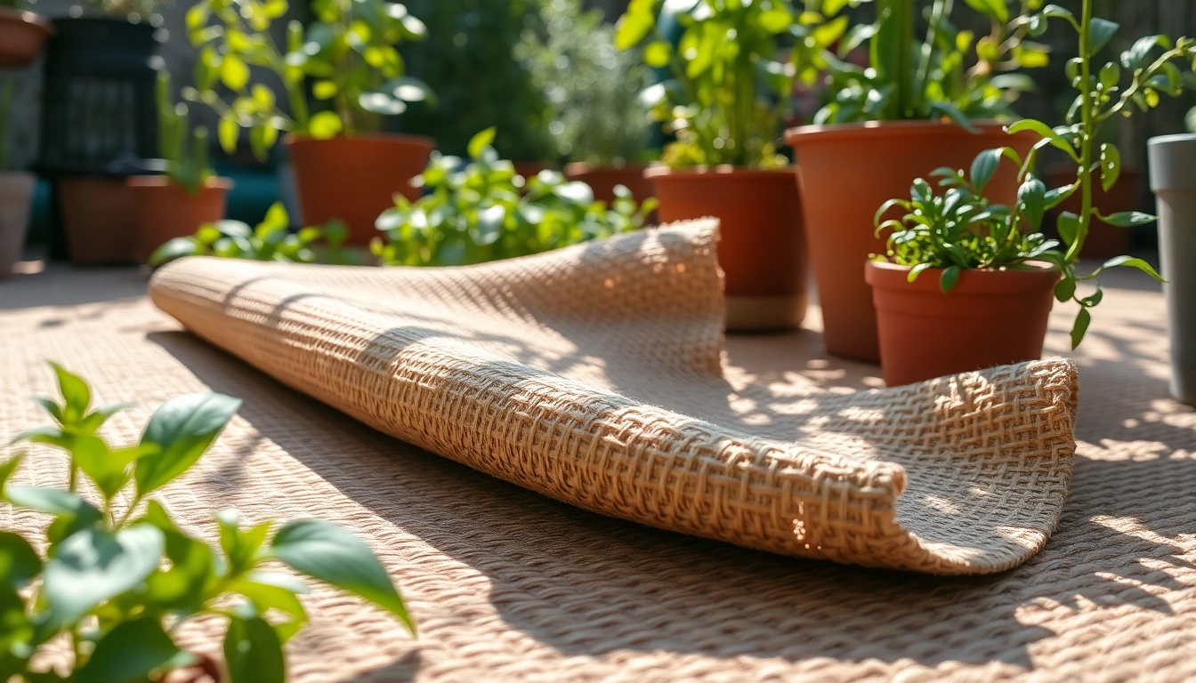 Verwenden Sie die Hanfmatte in einem einladenden Gartenumfeld mit Pflanzen und Sonnenlicht.
