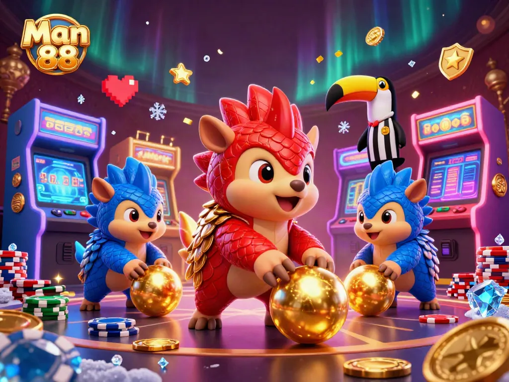 Man 88 pangolins compete in a dynamic sports betting scene with poker chips and arcade elements.